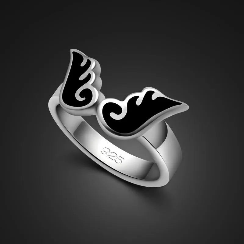 Punk Style 925 Sterling Silver Ring for Men Women Black Minimalist Casual Black Angel Wings Finger Rings Jewelry Wedding Gift
