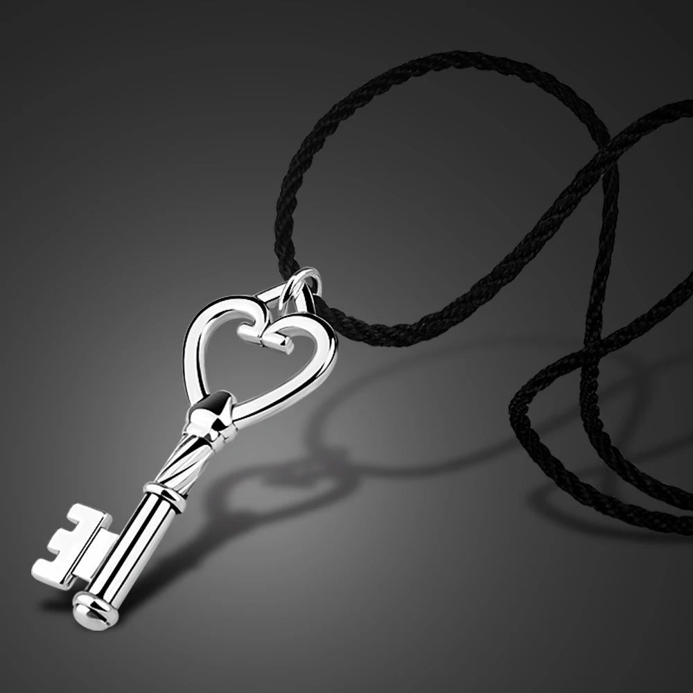 Fashion Men Black Long Rope Chain Necklace with Fashion 925 Sterling Silver Key Pendant Jewelry Chain Hip Hop Punk Rock Gift